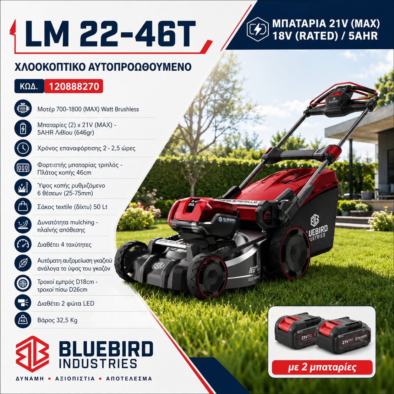 ΧΛΟΟΚΟΠΤΙΚΟ ΑΥΤΟΠΡΟΩΘΟΥΜΕΝΟ LM22-46T 21V(MAX)-(2 ΜΠΑΤΑΡΙΕΣ) BLUE BIRD