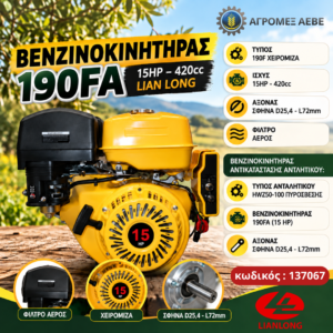 ΒΕΝΖΙΝΟΚΙΝΗΤΗΡΑΣ 190FA (15HP-420cc) ΣΦΗΝΑ (D25,4-L72mm) LIAN LONG